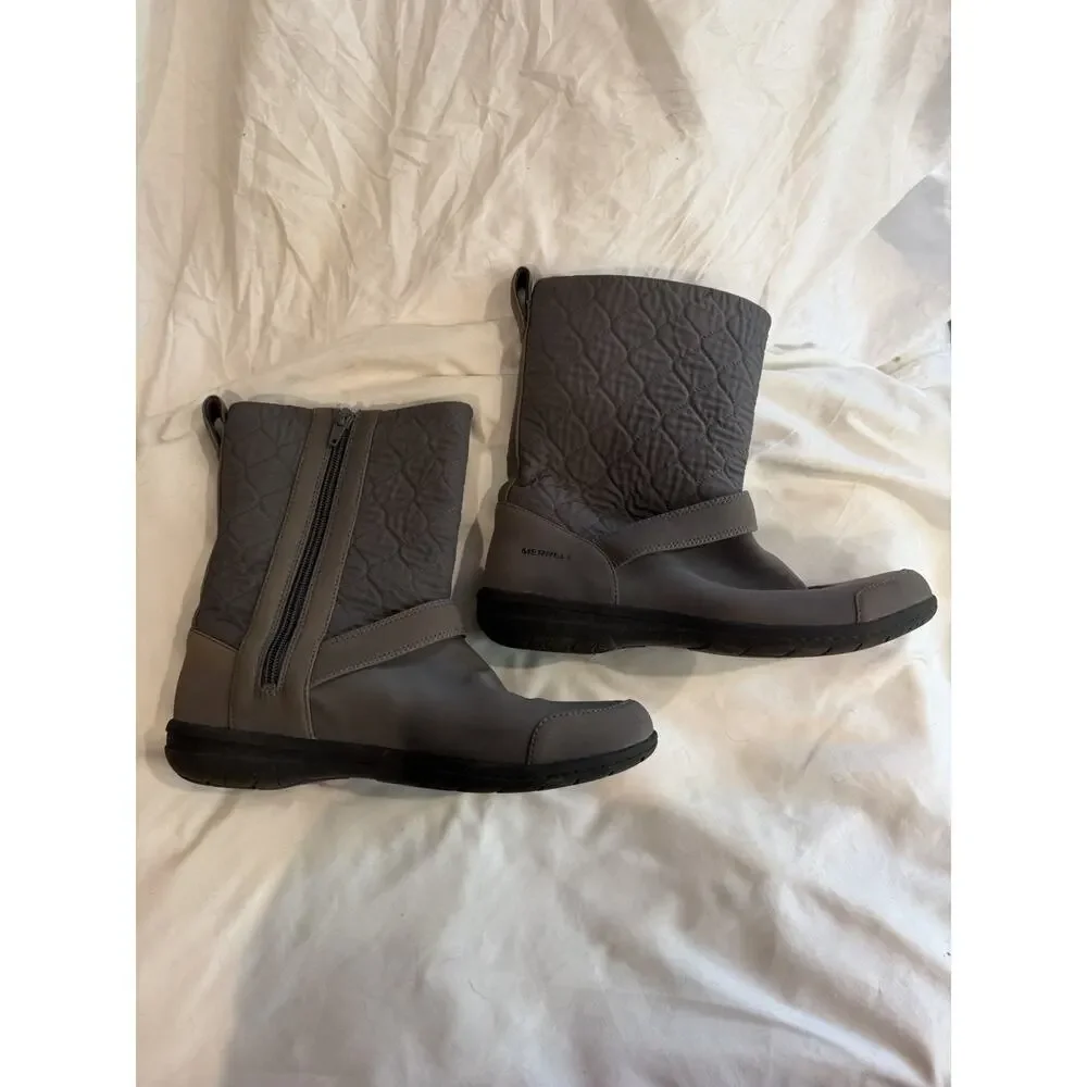 MERRELL Winter Boots Women’s 8 Encore Kassie Gray Zipper Lined Quilted Pattern